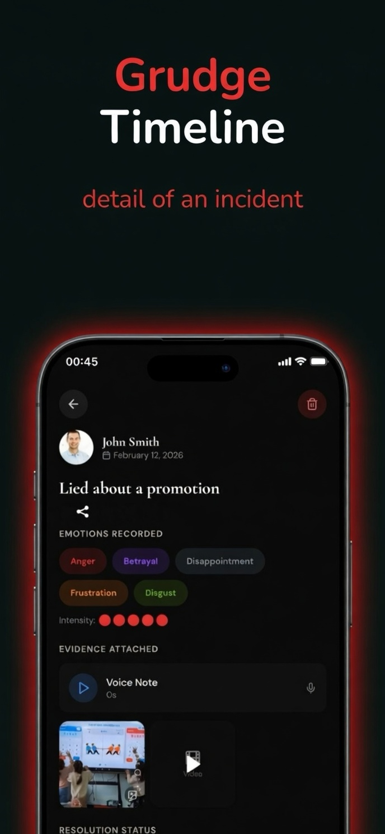 Grudge App timeline detail screen