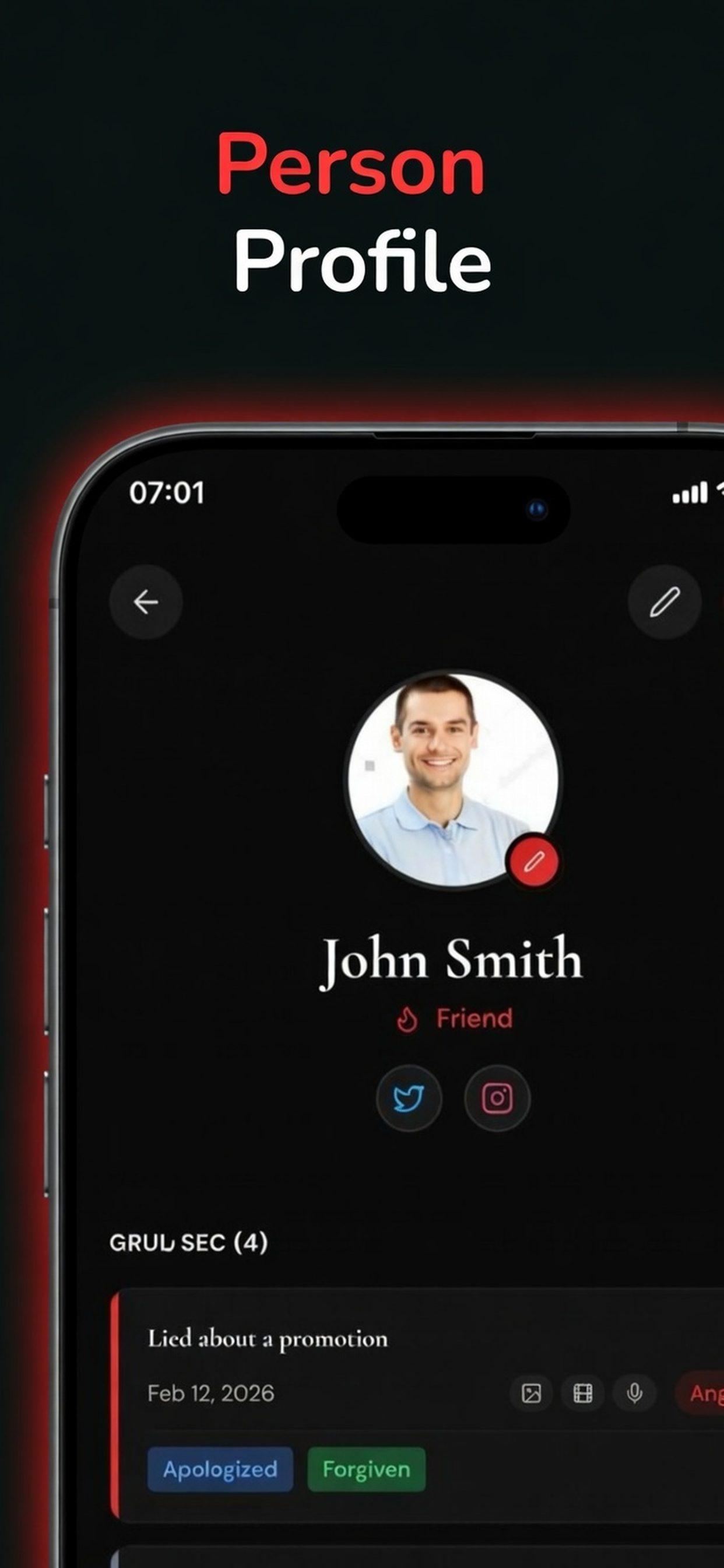 Grudge App person profile screen